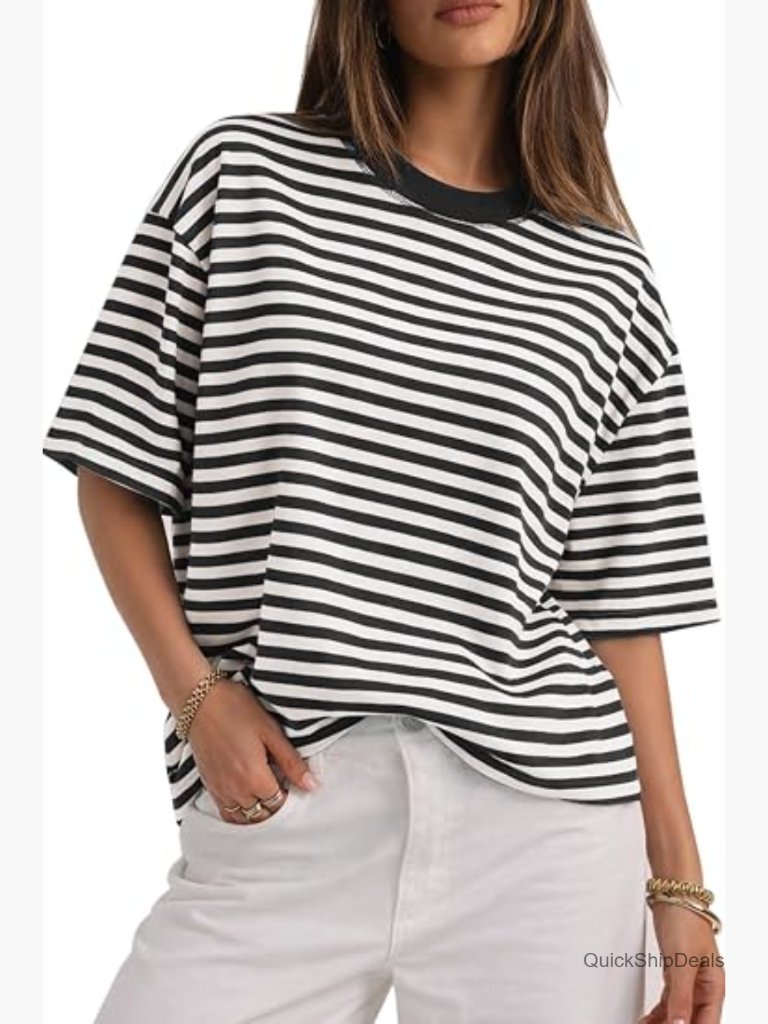 Oversized Striped Crewneck T-Shirt Summer Y2k Cotton Blend